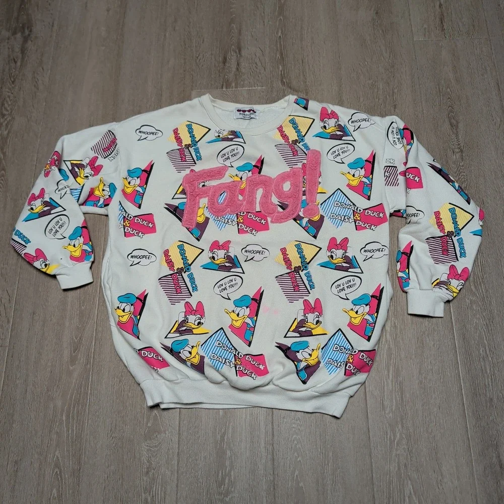 Rare Vintage Y2K Donald Daisy Duck Comic Print Sweatshirt Fang! Patch XL Pockets